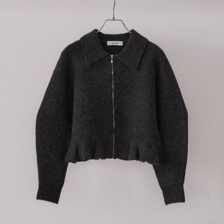 荷葉下擺拉鍊開襟衫 - 炭灰｜GALLEST