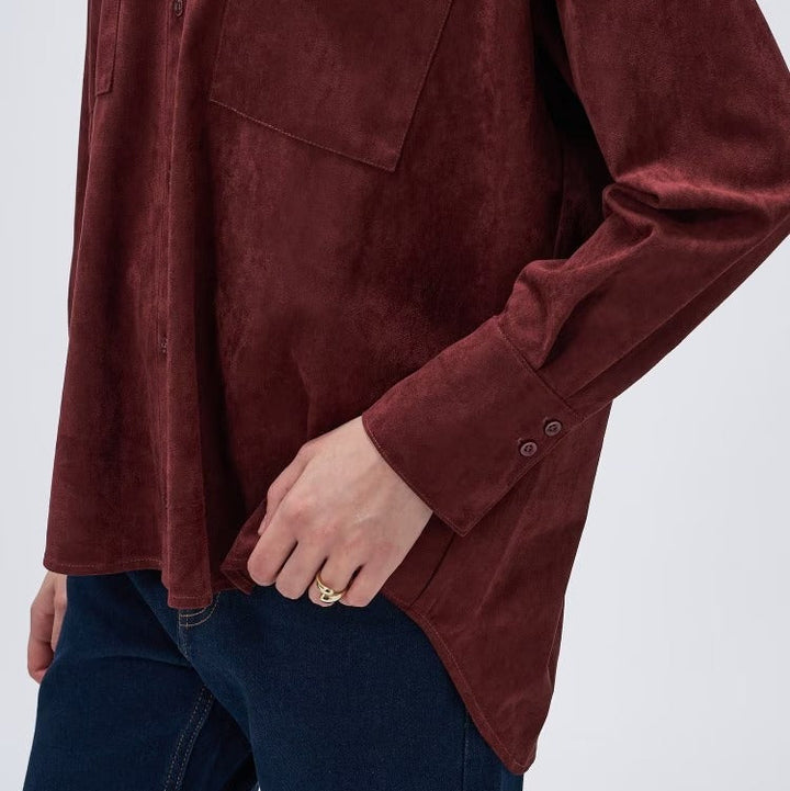 麂皮感雙口袋襯衫 - 酒紅｜cloenc