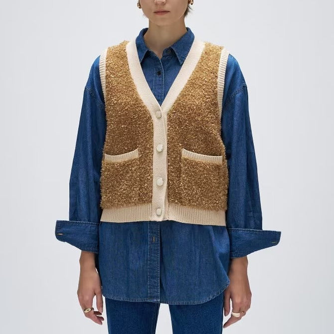 緞帶紗亮澤針織背心 - 棕｜cloenc