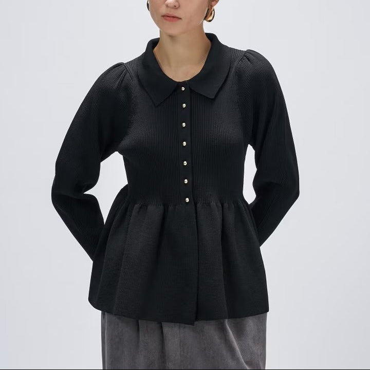 荷葉擺立體袖針織上衣 - 黑｜cloenc