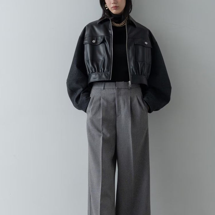 皮革質感拼接短版外套 - 黑｜GALLEST