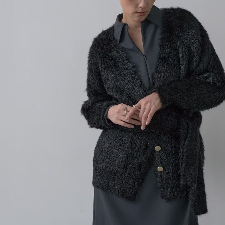 柔軟絨毛寬鬆V領開襟衫 - 黑｜GALLEST