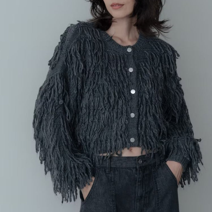 蓬鬆圈圈紗短版開襟衫 - 炭灰｜GALLEST