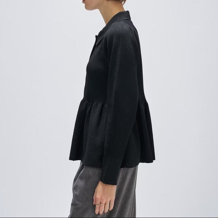 荷葉擺立體袖針織上衣 - 黑｜cloenc