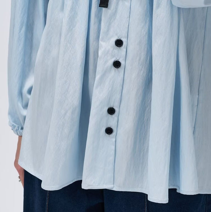 緞帶領打褶襯衫 - 淺藍｜cloenc
