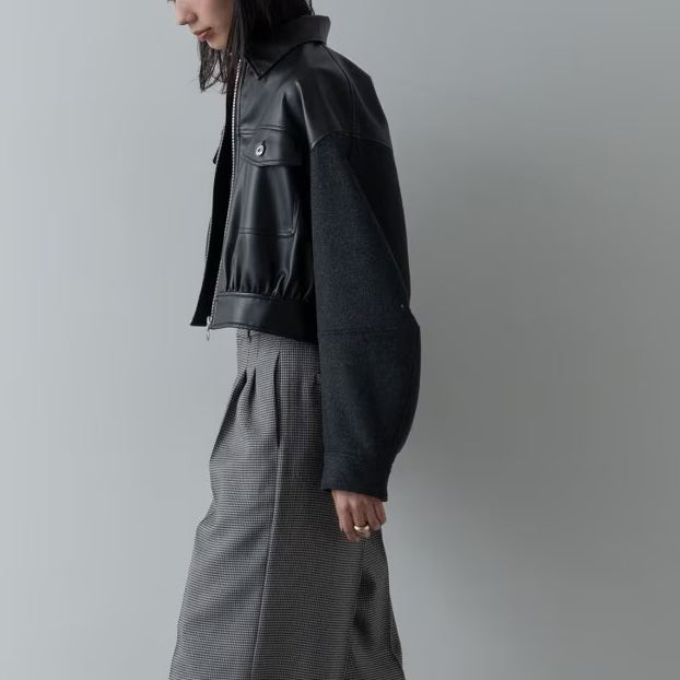 皮革質感拼接短版外套 - 黑｜GALLEST