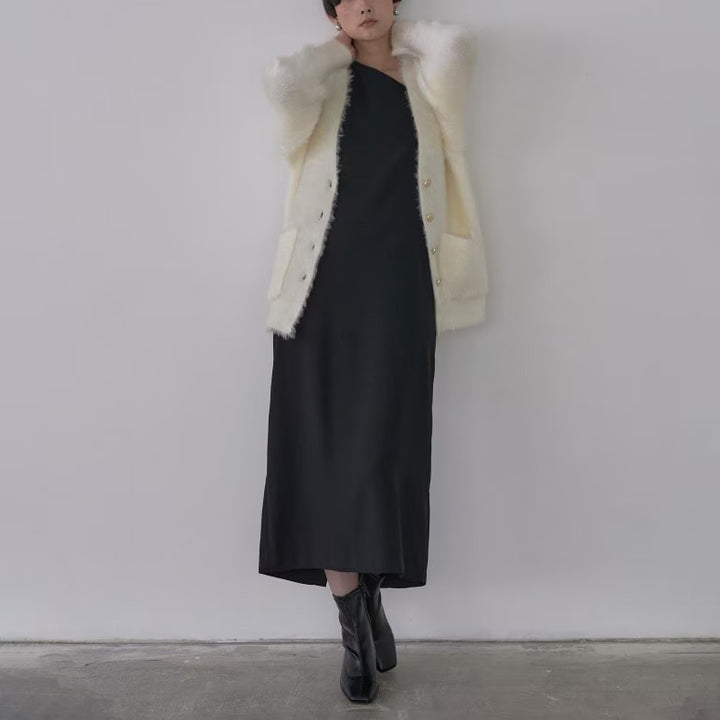 柔軟絨毛寬鬆V領開襟衫 - 米白｜GALLEST