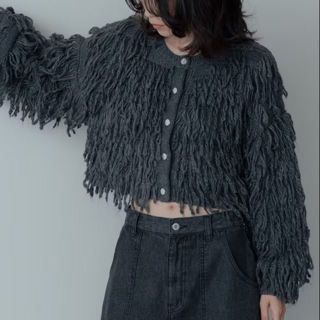 蓬鬆圈圈紗短版開襟衫 - 炭灰｜GALLEST