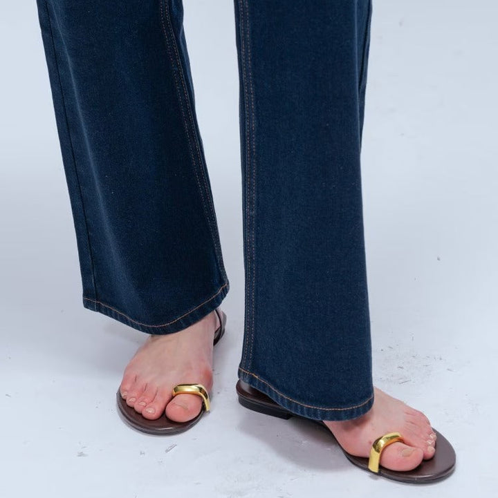 簡約彈性單寧喇叭褲 - 深藍｜cloenc