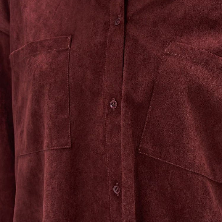 麂皮感雙口袋襯衫 - 酒紅｜cloenc