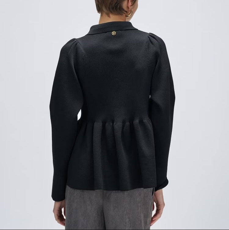 荷葉擺立體袖針織上衣 - 黑｜cloenc
