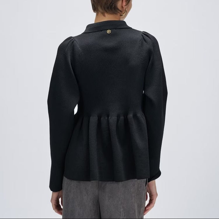 荷葉擺立體袖針織上衣 - 黑｜cloenc