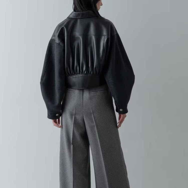 皮革質感拼接短版外套 - 黑｜GALLEST