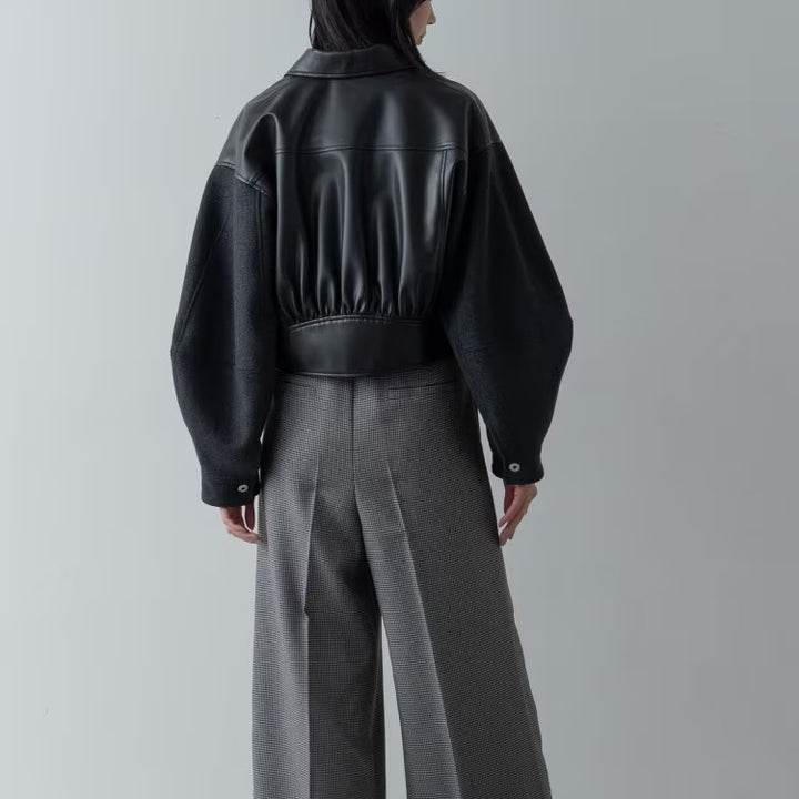 皮革質感拼接短版外套 - 黑｜GALLEST