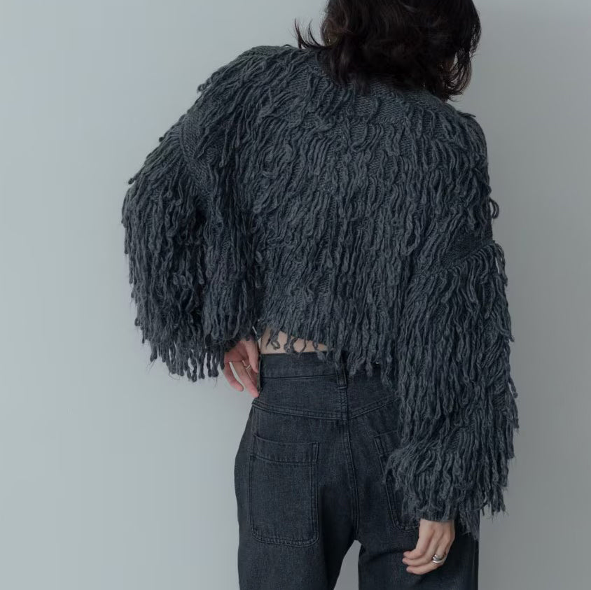 蓬鬆圈圈紗短版開襟衫 - 炭灰｜GALLEST