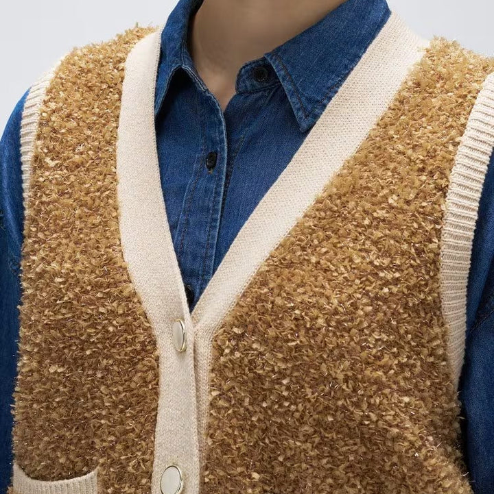 緞帶紗亮澤針織背心 - 棕｜cloenc