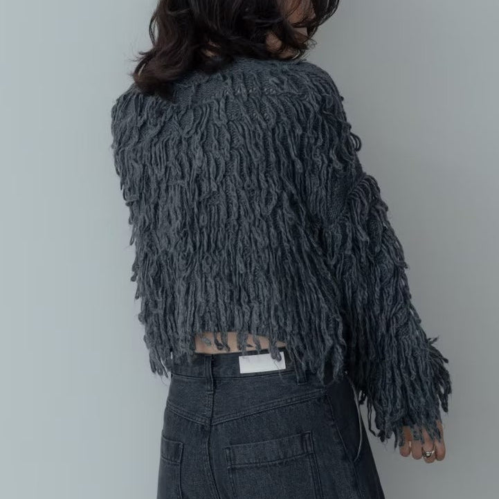 蓬鬆圈圈紗短版開襟衫 - 炭灰｜GALLEST