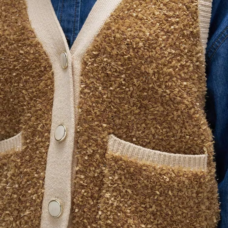 緞帶紗亮澤針織背心 - 棕｜cloenc