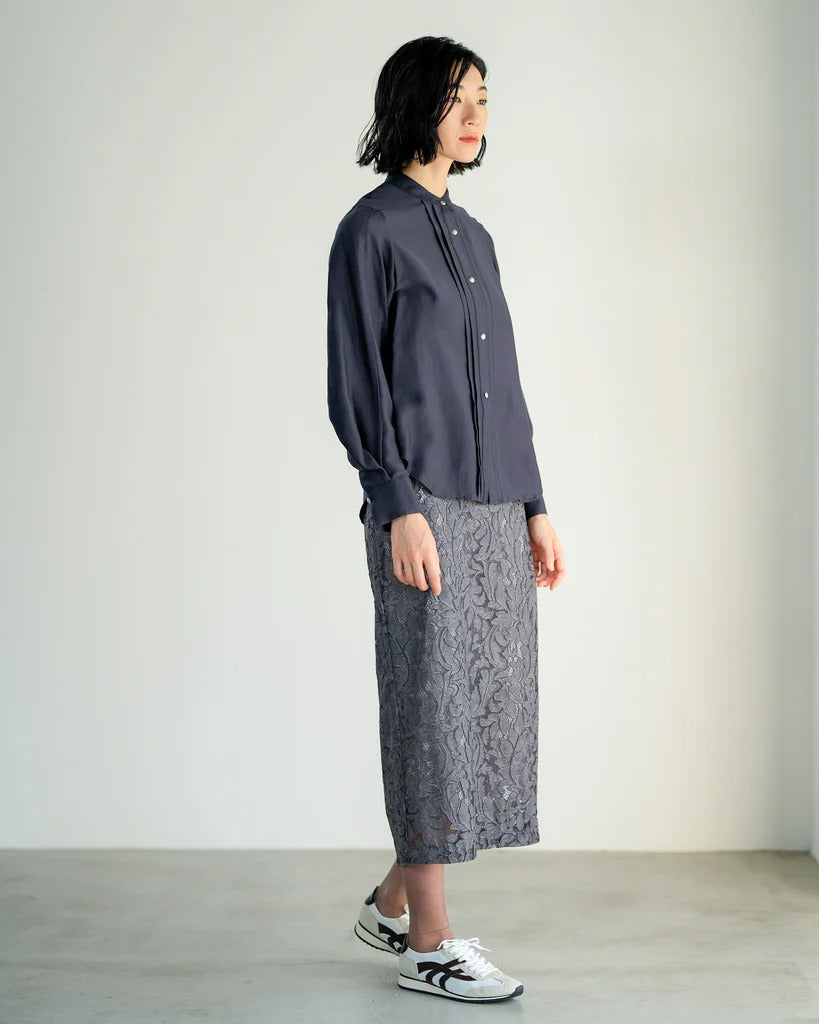 可拆式荷葉領襯衫 - 深藍｜Lallia Mu 日本製