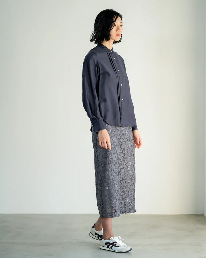 可拆式荷葉領襯衫 - 深藍｜Lallia Mu 日本製