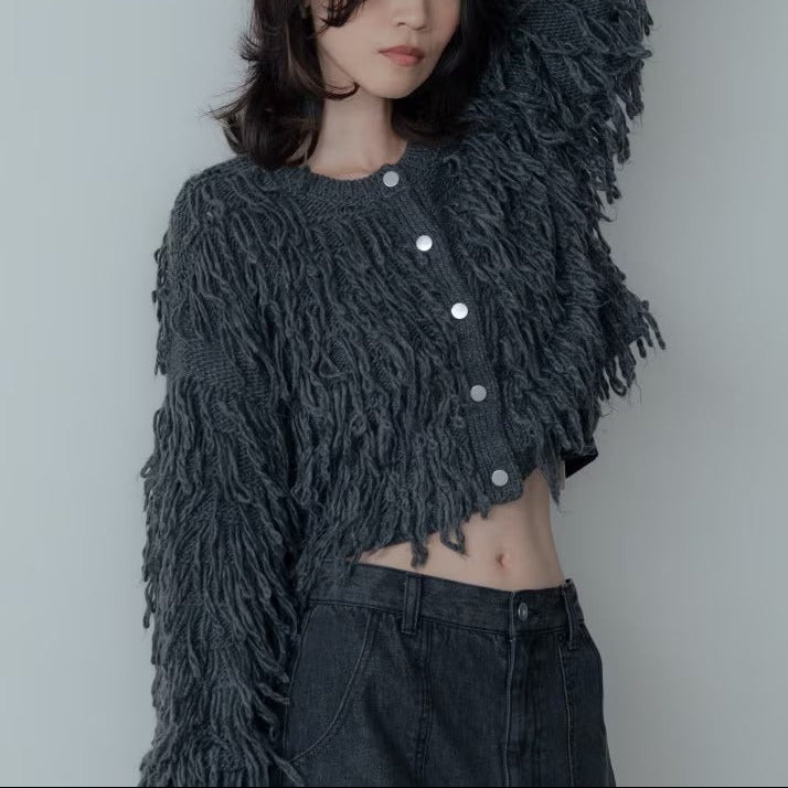 蓬鬆圈圈紗短版開襟衫 - 炭灰｜GALLEST