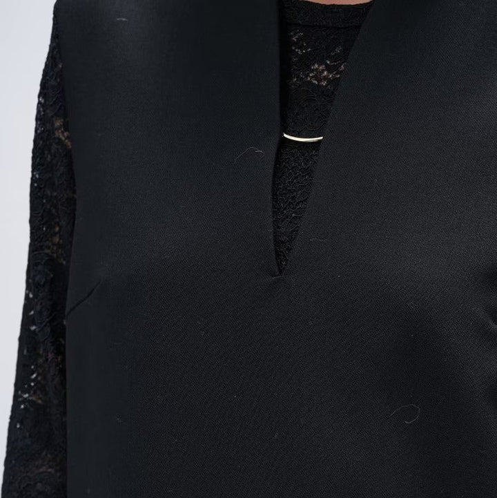 金屬飾條V領無袖連身裙 - 黑｜cloenc