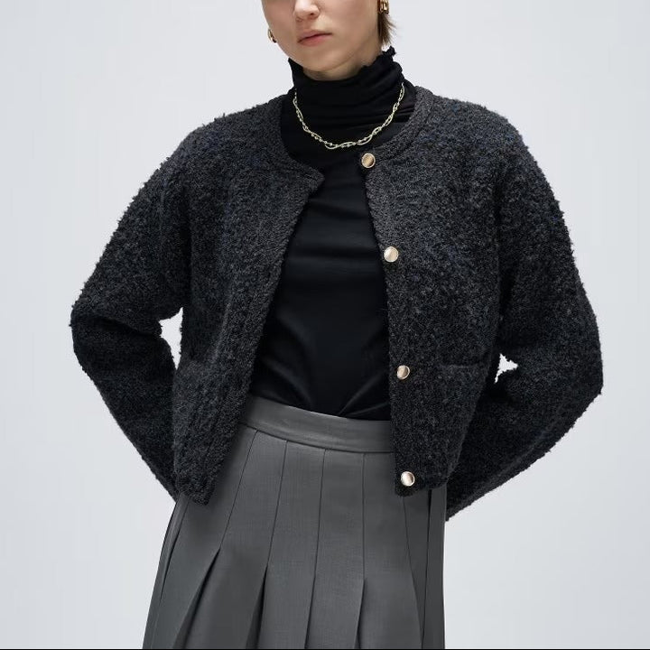 圈圈紗開襟衫 - 黑｜cloenc