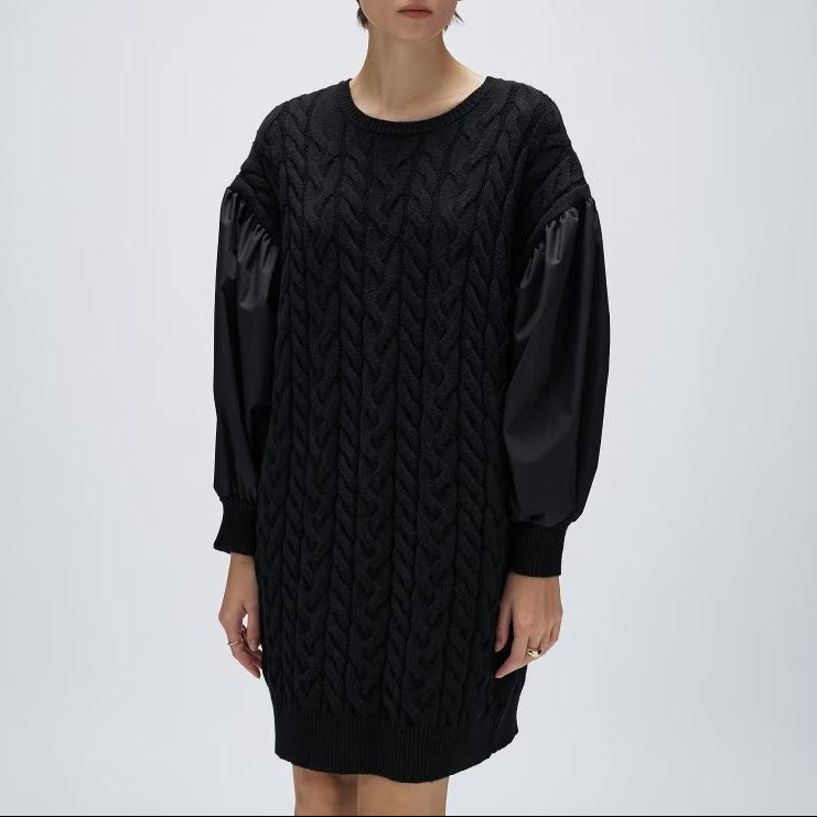麻花針織拼接連身裙 - 黑｜cloenc