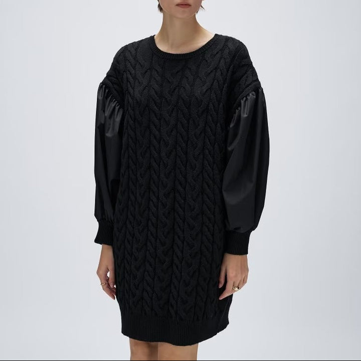 麻花針織拼接連身裙 - 黑｜cloenc