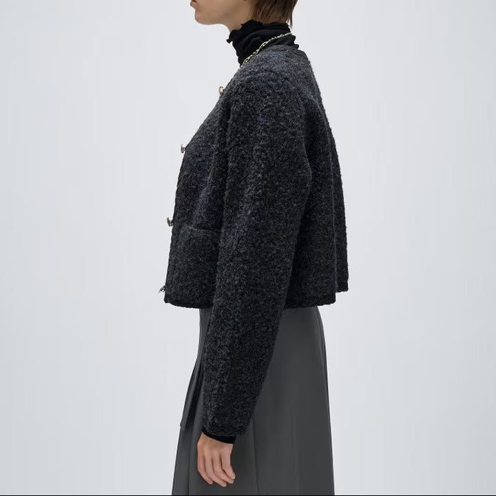 圈圈紗開襟衫 - 黑｜cloenc