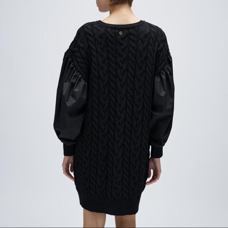 麻花針織拼接連身裙 - 黑｜cloenc