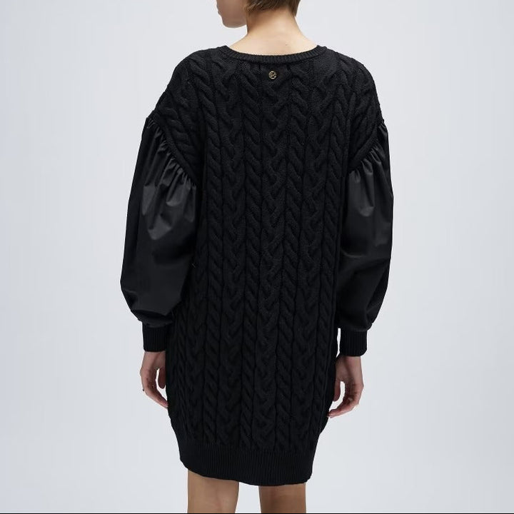 麻花針織拼接連身裙 - 黑｜cloenc