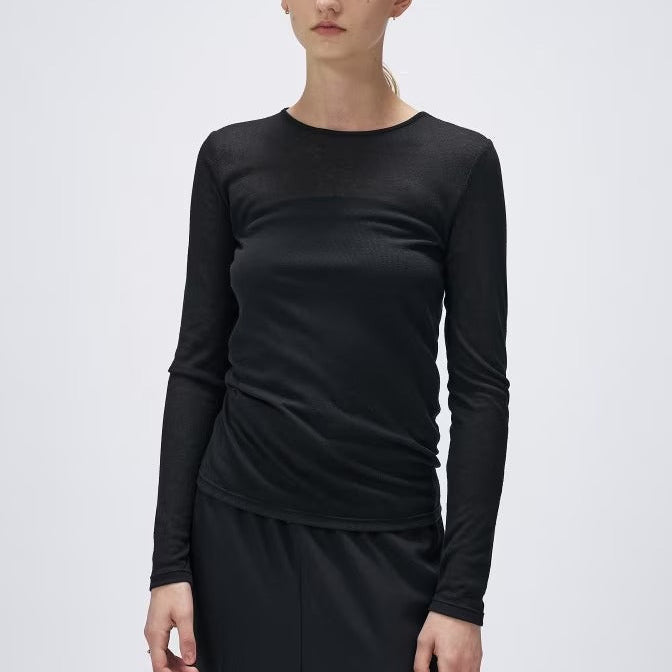 薄透圓領長袖上衣 - 黑｜cloenc