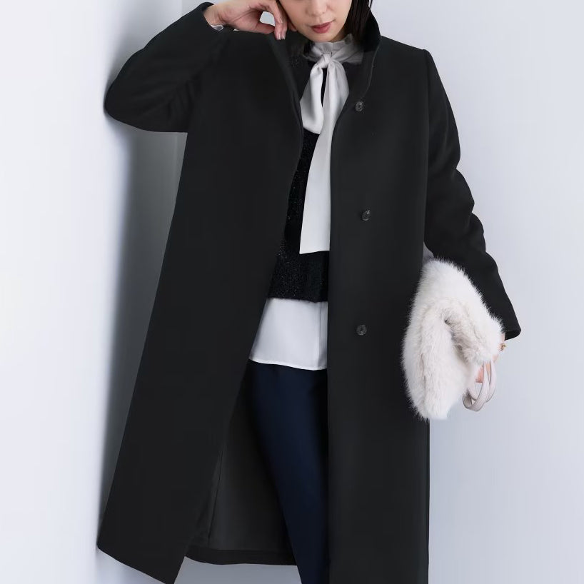 100％羊毛立領長版大衣 - 黑｜INDIVI 日本製