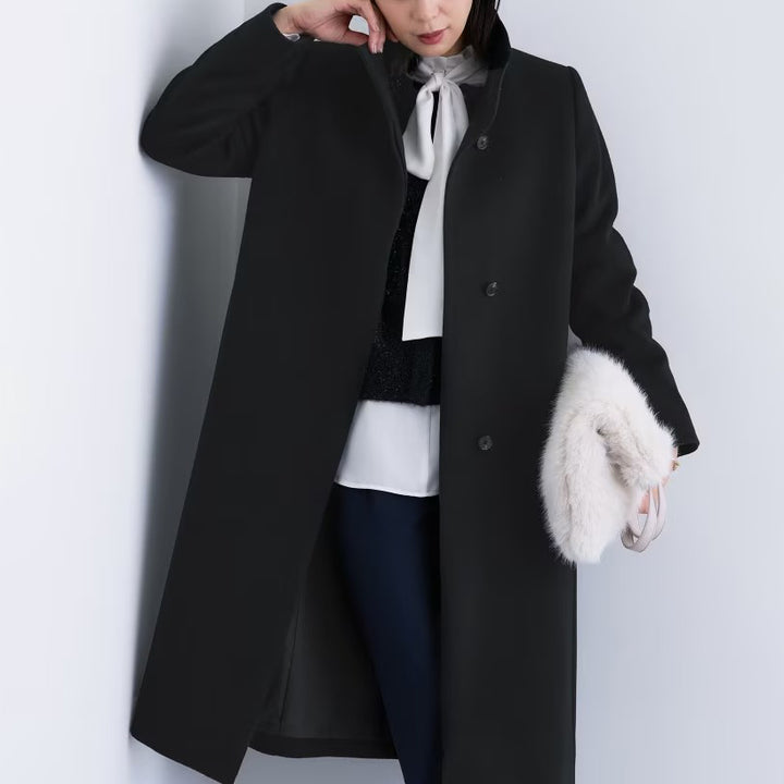 100％羊毛立領長版大衣 - 黑｜INDIVI 日本製