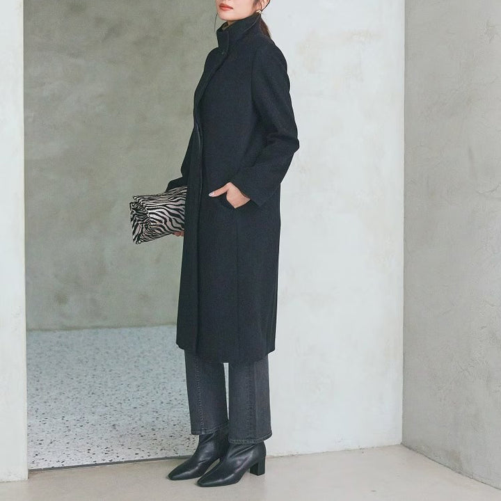100％羊毛立領長版大衣 - 黑｜INDIVI 日本製