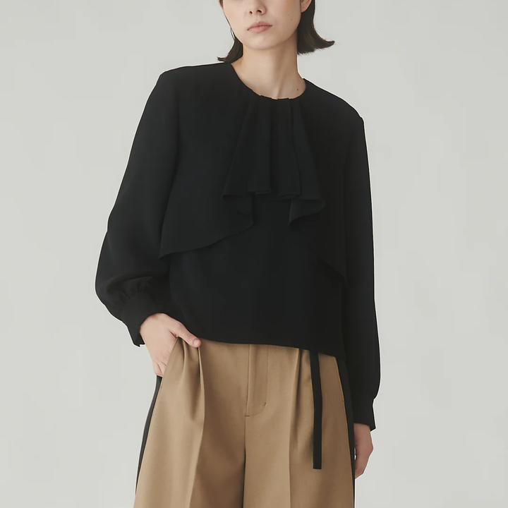 古典荷葉邊襯衫 - 黑｜BRAHMIN 日本製