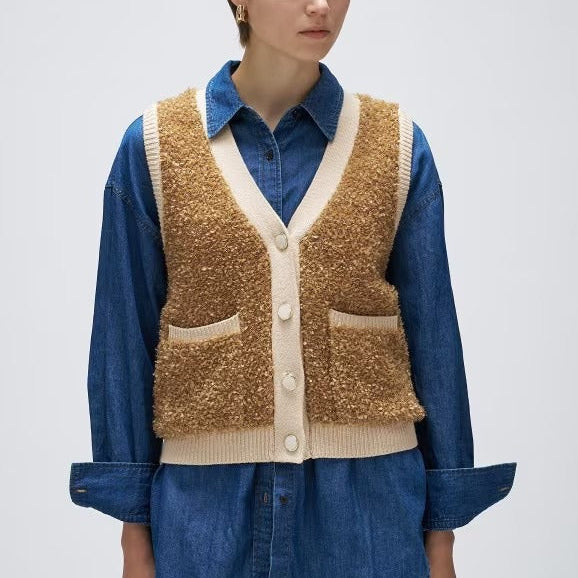 緞帶紗亮澤針織背心 - 棕｜cloenc