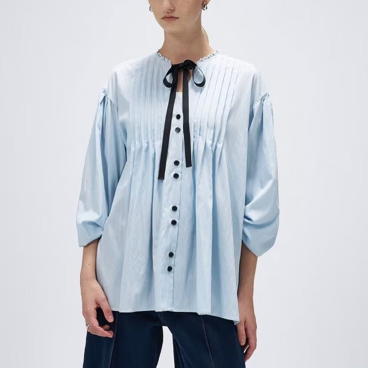 緞帶領打褶襯衫 - 淺藍｜cloenc