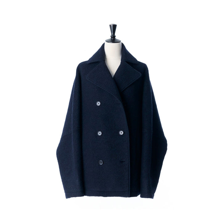 羊毛混紡雙排扣大衣 - 深藍｜IKITSUKE