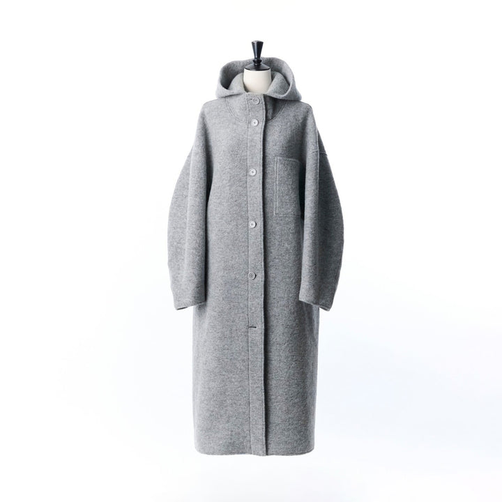 羊毛混紡連帽長版大衣 - 灰｜IKITSUKE