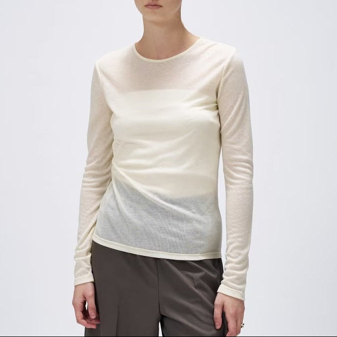 薄透圓領長袖上衣 - 米白｜cloenc