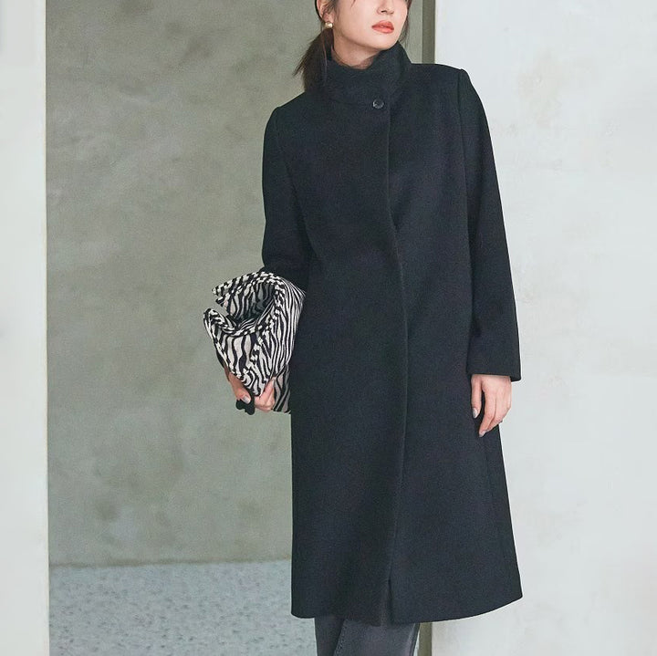 100％羊毛立領長版大衣 - 黑｜INDIVI 日本製