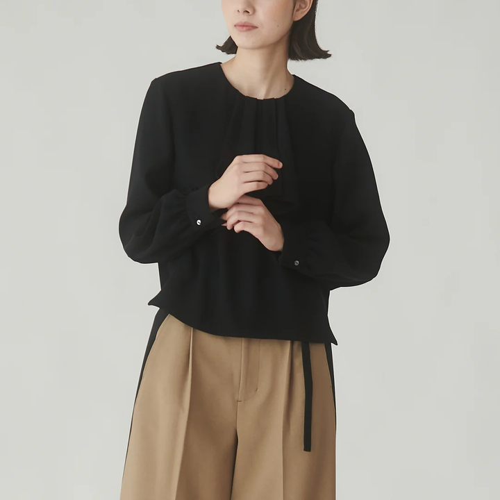 古典荷葉邊襯衫 - 黑｜BRAHMIN 日本製