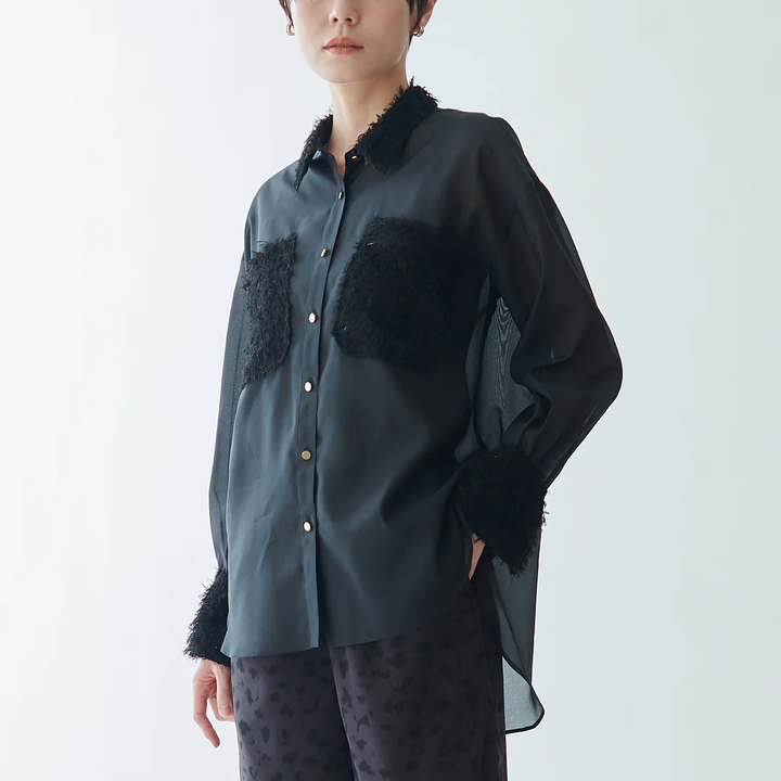 雙口袋薄透襯衫 - 黑｜BRAHMIN