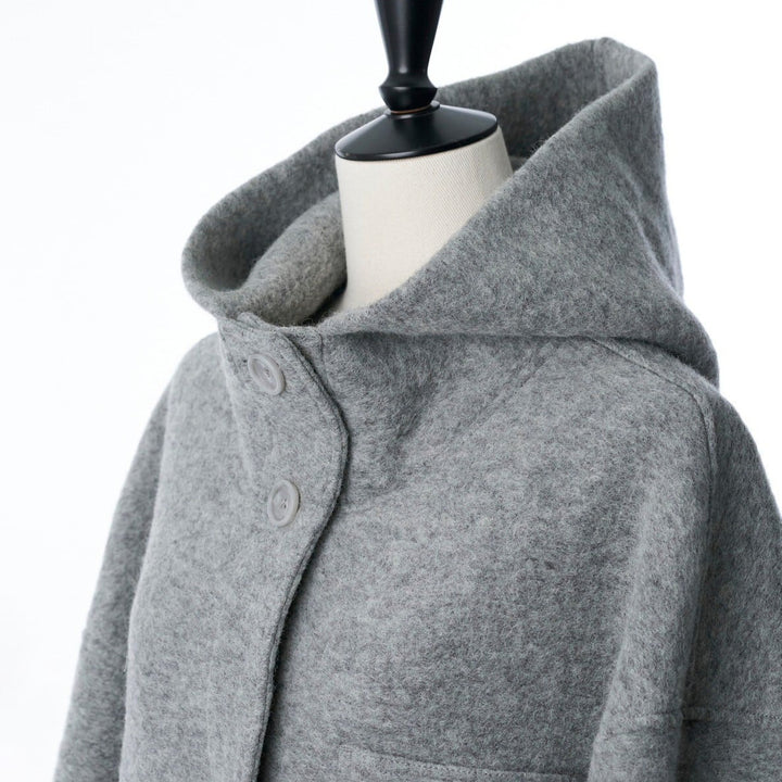 羊毛混紡連帽長版大衣 - 灰｜IKITSUKE