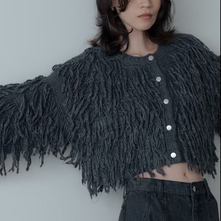 蓬鬆圈圈紗短版開襟衫 - 炭灰｜GALLEST