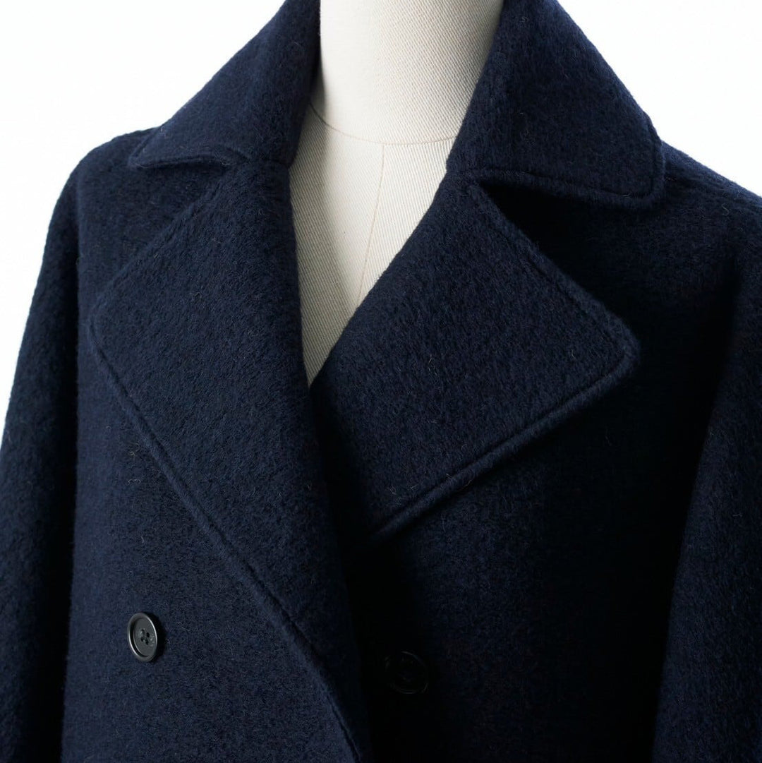羊毛混紡雙排扣大衣 - 深藍｜IKITSUKE