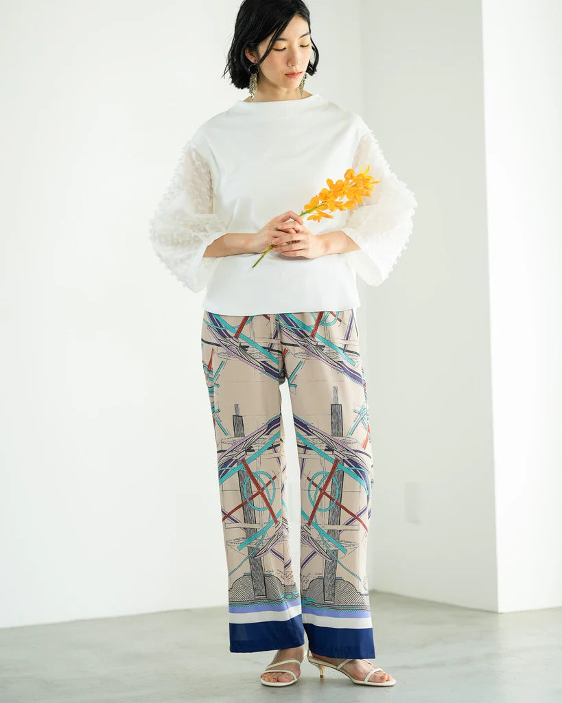 絲巾印花寬褲 - 米｜Lallia Mu