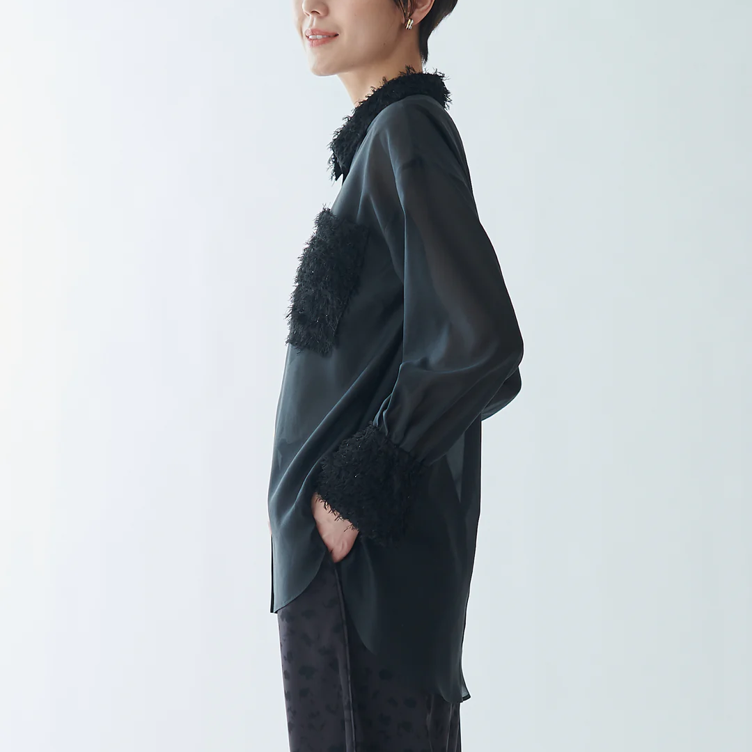 雙口袋薄透襯衫 - 黑｜BRAHMIN